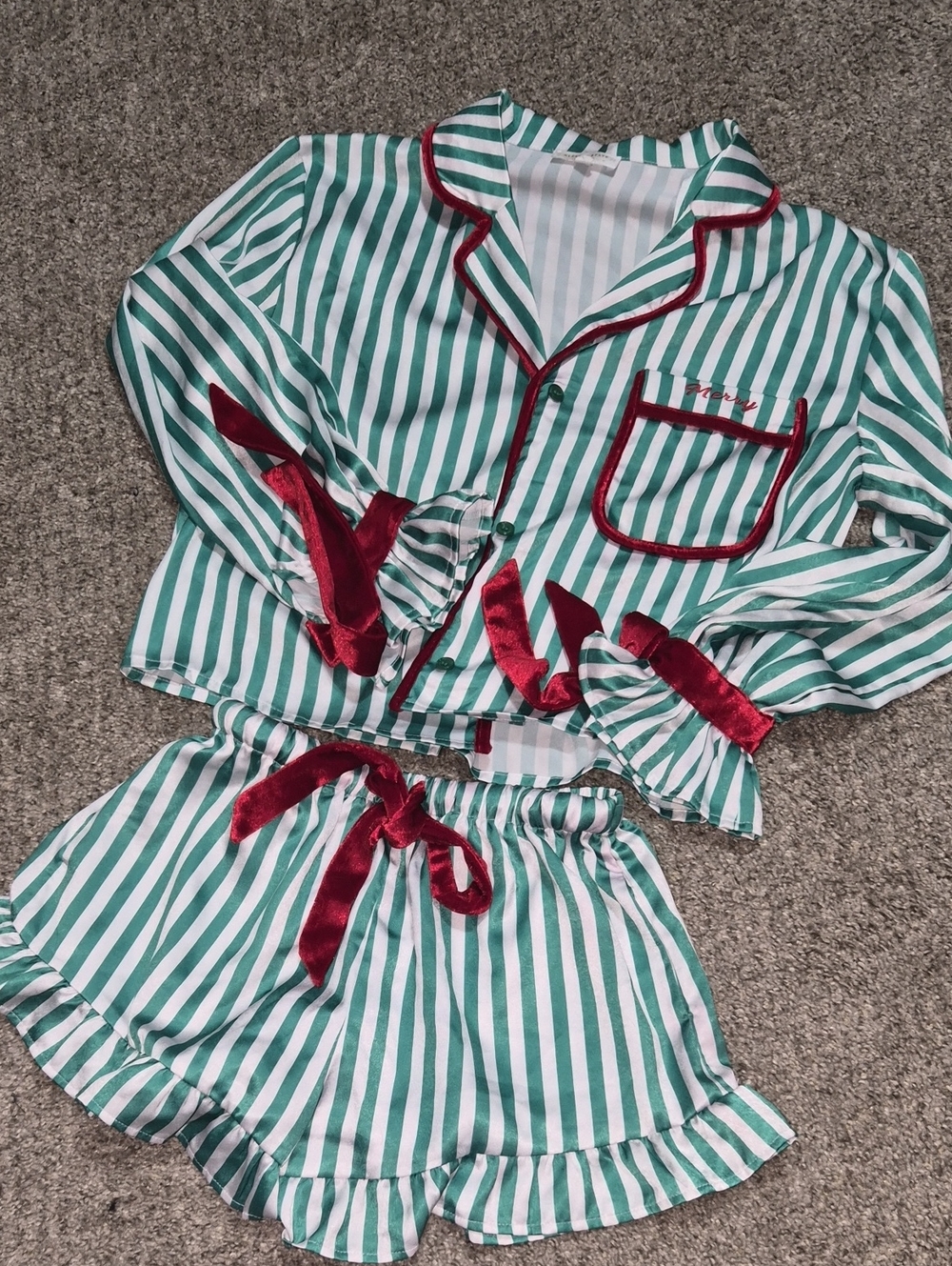 Altar'd State Green & White Striped Pajama Set with Red Velvet Trim